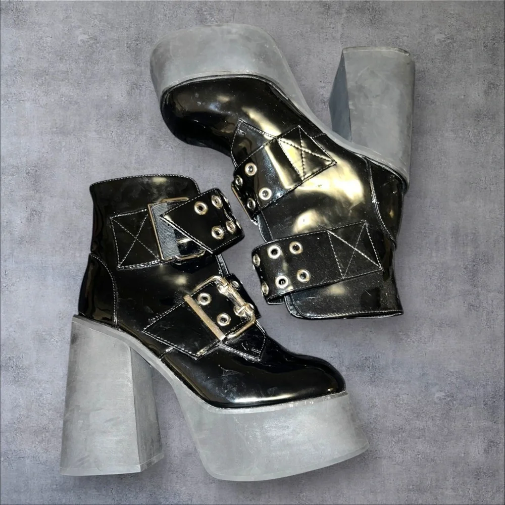 Black Platform Boots‎ with Buckle Detail